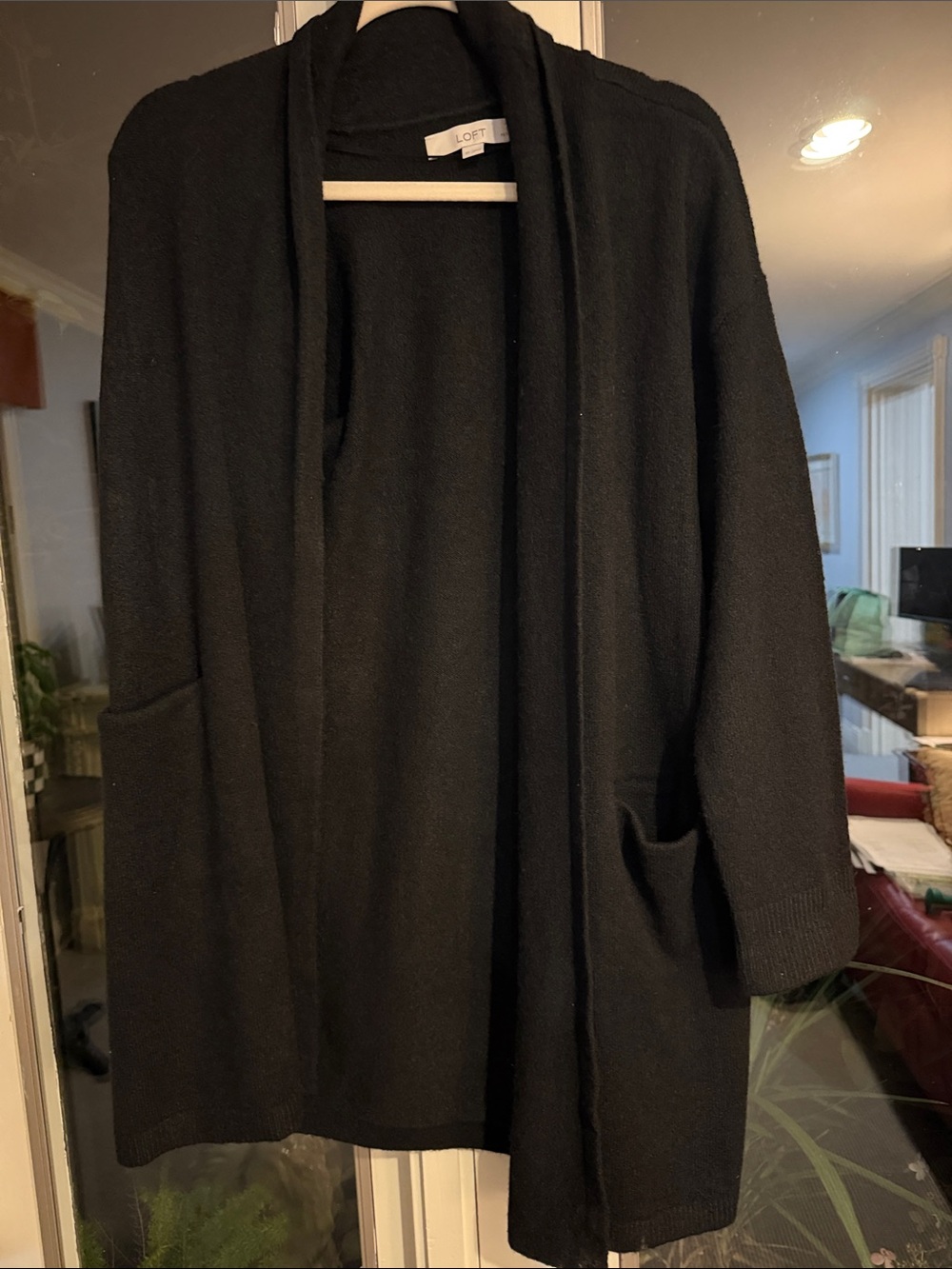 LOFT Black Open-Front Long Knit Cardigan with Pockets